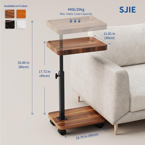 Adjustable Height C-Table with Wheels, 360° Swivel Rolling Side Table