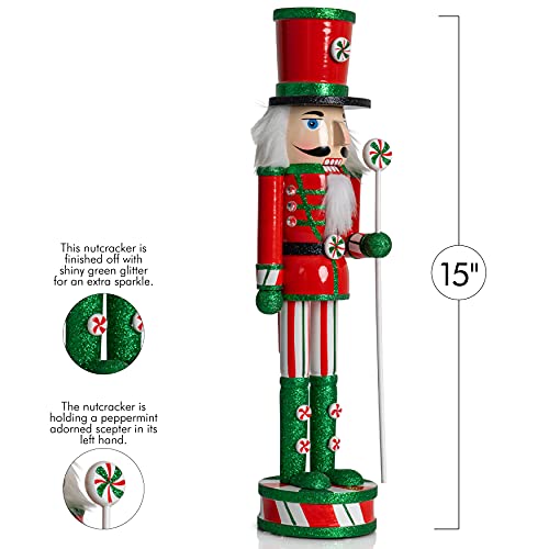 15-Inch Wooden Peppermint Nutcracker Figurine Christmas Candy Soldier Decor