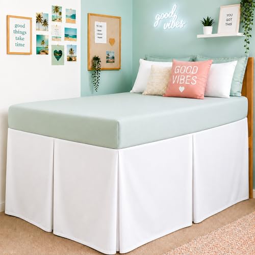 Twin XL Bed Skirt with 32 Inch Drop - Tailored Box Pleated Dorm Bedskirt, White