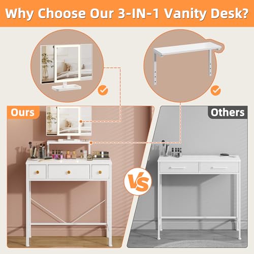 Small Makeup Vanity Desk with Lighted Tri-Fold Mirror and 3 Drawers