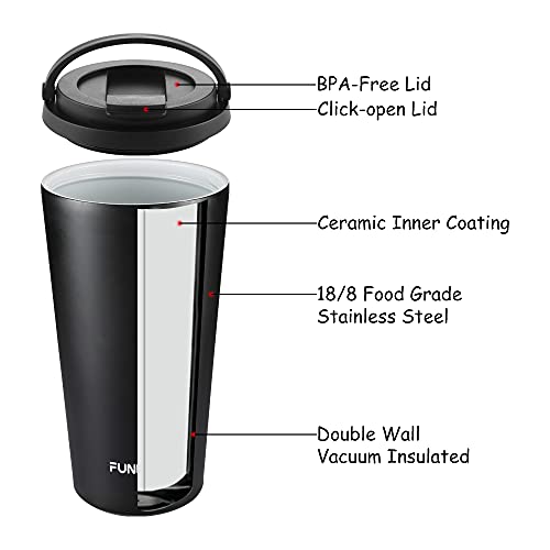 Funkrin Black 2026 Insulated Ceramic Coating Travel Mug 16oz with Flip Lid & Handle