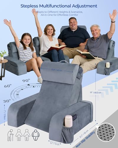 Adjustable Reading Pillow with Ergonomic Backrest & Headrest - Grey