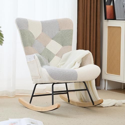 Teddy Upholstered Rocking Chair with Storage Pocket and High Backrest