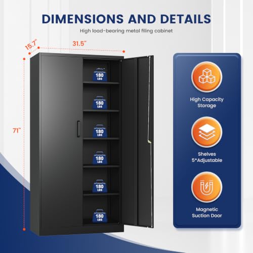 71" Tall Steel Lockable Garage Storage Cabinet with 5 Adjustable Shelves