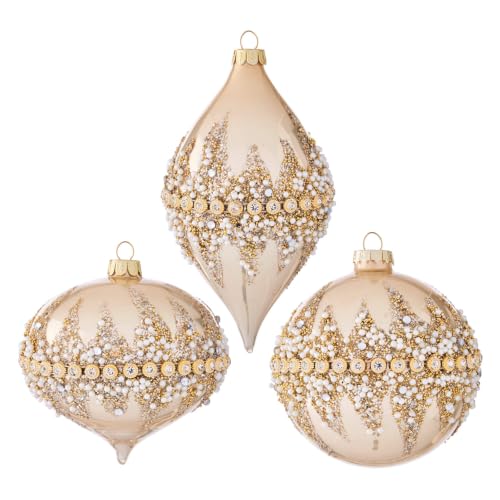 Raz Imports 4-Inch Beaded Ornament Set of 3 - Light Brown Christmas Ornaments