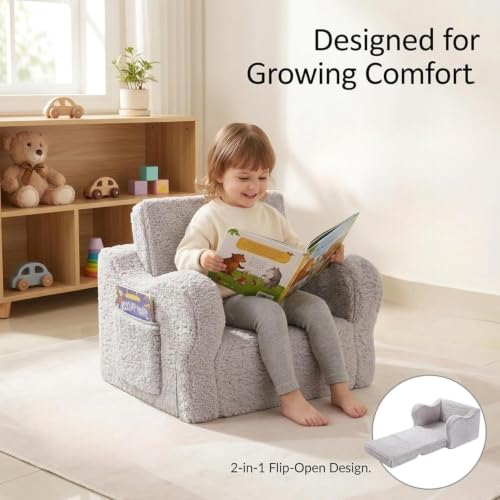 Kids 2-in-1 Foldable Sherpa Sofa Chair - Flip-Out Lounger Couch, Grey