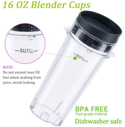 16oz 4-Tab Replacement Blender Cup with Lids, 2-Pack