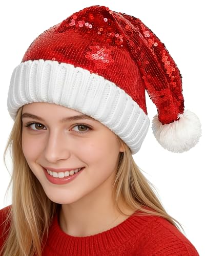 Sequin Knit Santa Hat for Adults - Bling Christmas Party Hat