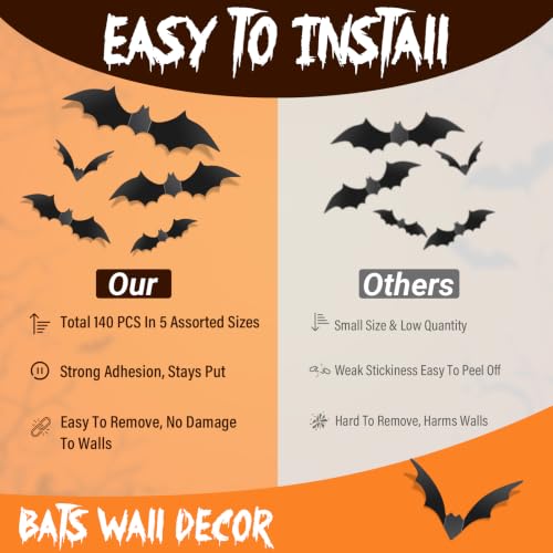 140Pcs 3D Halloween Bat Wall Decals - Realistic PVC Bat Stickers for Party