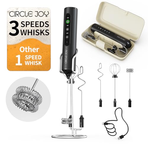 Rechargeable Handheld Milk Frother Wand with Stand, 3 Whisks & Case