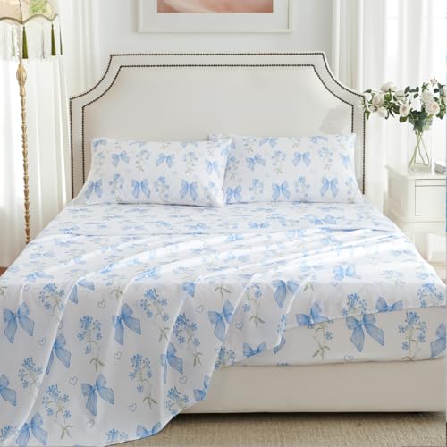CCoutueChen Blue Bow & Floral Twin Sheet Set - Microfiber Bedroom Bedding