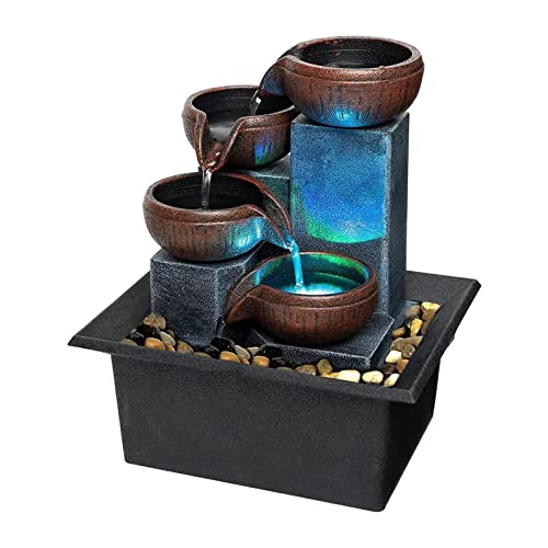 4-Tier Indoor Tabletop Water Fountain with Color LED Light & Rocks