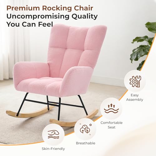Teddy Upholstered Nursery Rocking Chair - High Back Glider Rocker, Pink