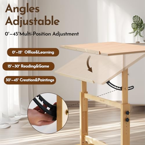Adjustable Wooden Drafting Table with Tiltable Surface, 35.5" x 23.5"