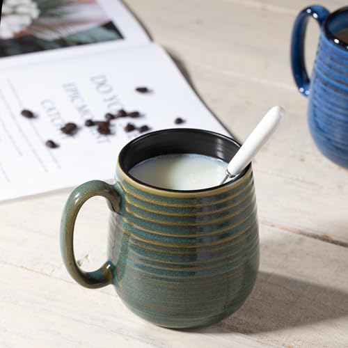 Masoline 20 oz Green Ceramic Mug Pack of 2 - Large Coffee Cups with Unique Reactive Glaze, Elegant Stripes & Easy Grip Handle