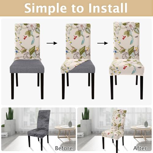 Stretch Chair Covers Set of 4, Washable Spandex Protector for Dining Room - Beige Floral