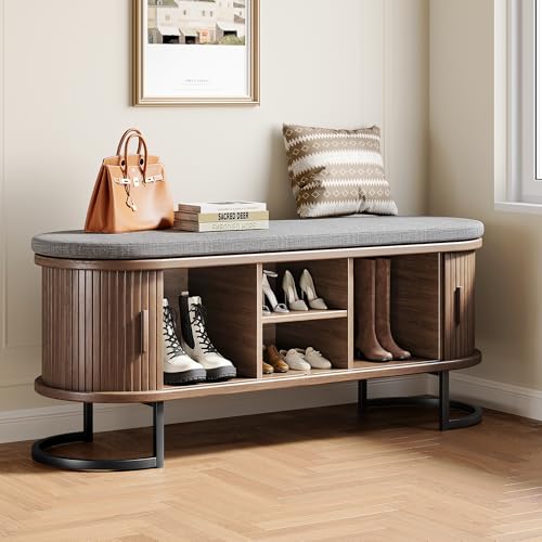 47-Inch Shoe Storage Bench with Cushioned Seat and Sliding Doors