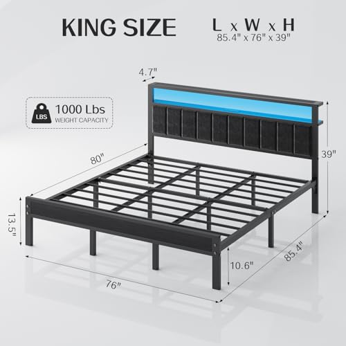 OLEVS King Bed Frame with Charging Station & RGB LED Lights - Black, Modern Platform Bed