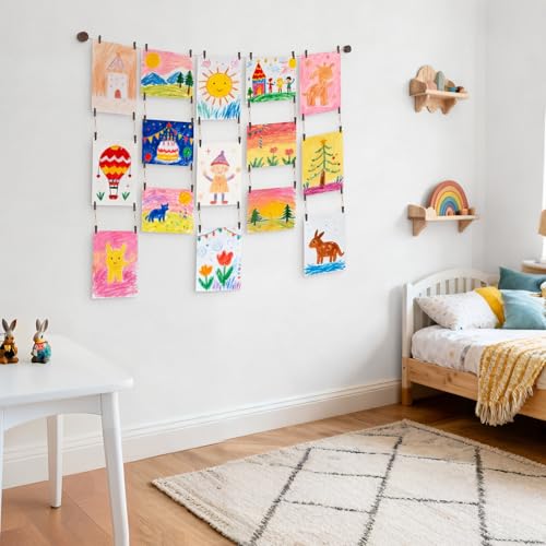 Kids Art Display Hanging Wall Decor with 34 Wooden Clips, 59-Inch Rope