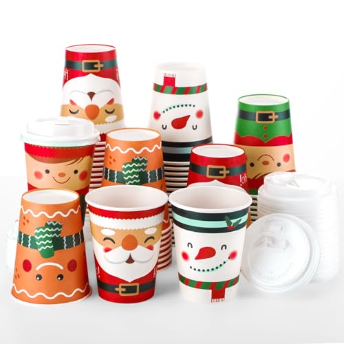 Peryiter 60 Pcs 9 oz Christmas Paper Coffee Cups with Lids Disposable