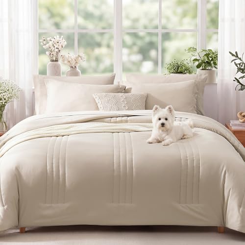 Beige 7-Piece Queen Comforter Set - Soft All-Season Bed in a Bag with Sheets