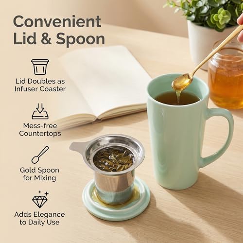 Mint Green Porcelain Tea Mug with Infuser, Lid & Spoon, 15oz - MIWARE