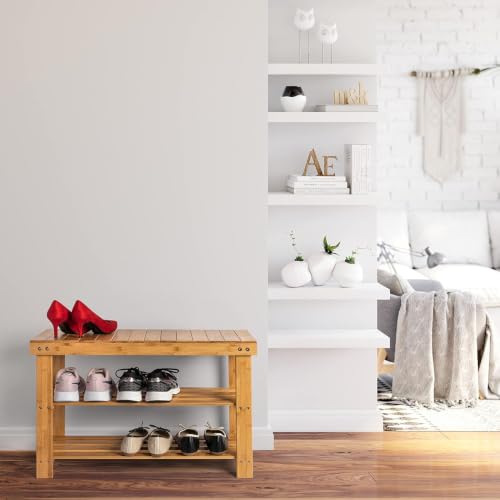 3-Tier Bamboo Shoe Rack Bench, Heavy-Duty Entryway Storage Organizer