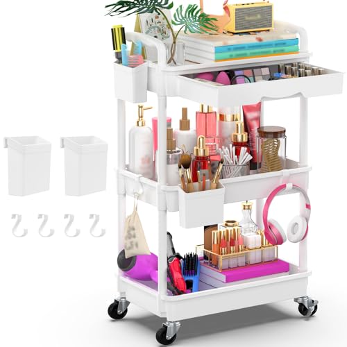 Goovilla 3 Tier Rolling Utility Cart with Removable Drawer, White