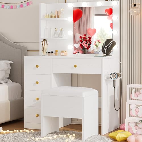 Vanity Desk with Mirror, Lights, and Stool - 5-Drawer Makeup Table, White