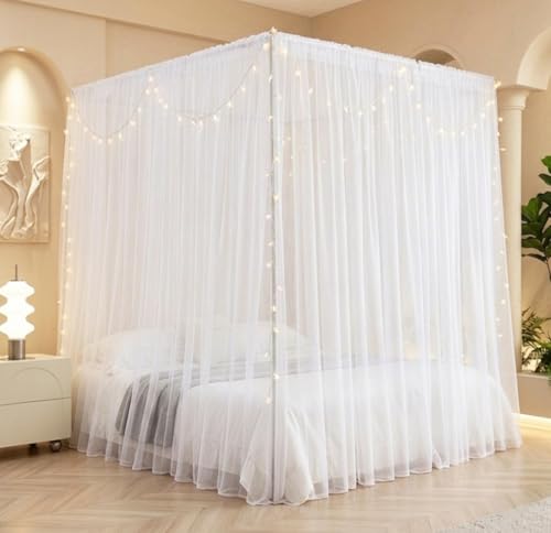 Bed Canopy Curtains with Star Lights - 8 Panel White Tulle Drapes (Full/Queen)