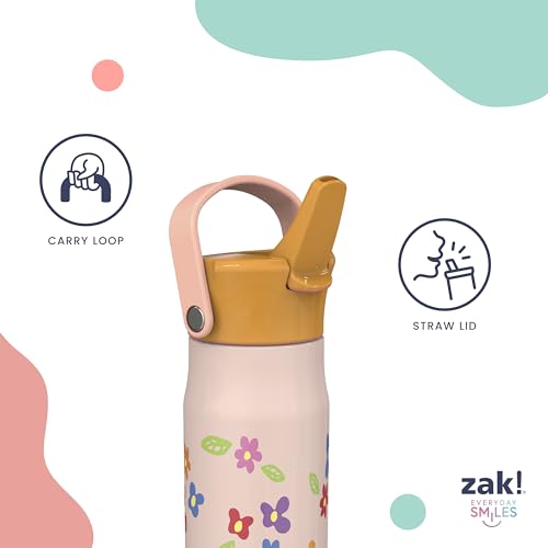 Zak Designs Harmony Kid Water Bottle Benefiting St. Jude, For Travel or At Home, 14oz Stainless Steel is Leak-Proof When Closed and Vacuum Insulated (Floral)