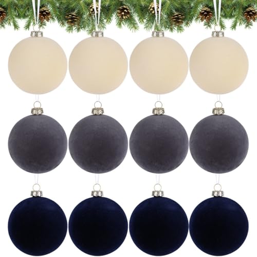 12pcs Navy & Blue Velvet Christmas Ornaments 2.4 Inch Holiday Tree Decor