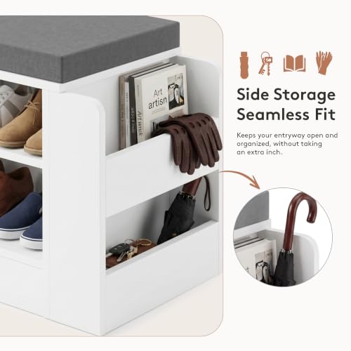Farmhouse Shoe Storage Bench with Padded Seat and Adjustable Shelves