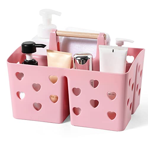 Portable Plastic Shower Caddy with Wooden Handle and Drainage Holes