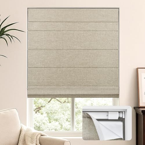 Cordless Blackout Roman Shades, 34.5" W x 60" H, Beige - No Drill, UV Blocking