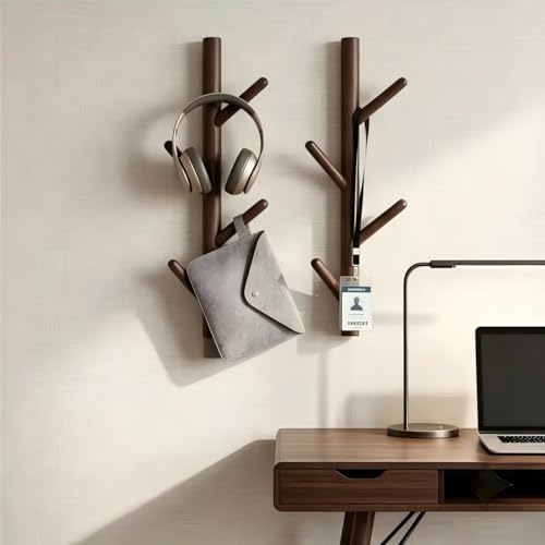 Wooden Wall Mount Coat Rack - 4-Hook Tree Branch Design (2 Pack)
