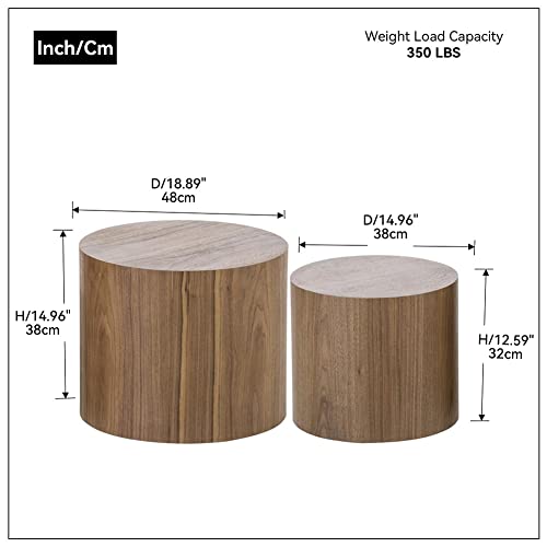 Round Nesting Coffee Table Set of 2, Modern Wood Drum Side Tables