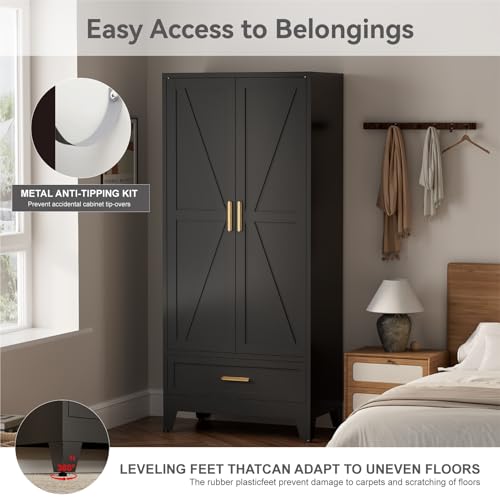 Modern Farmhouse Metal Wardrobe Closet with Hanging Rod and Drawer