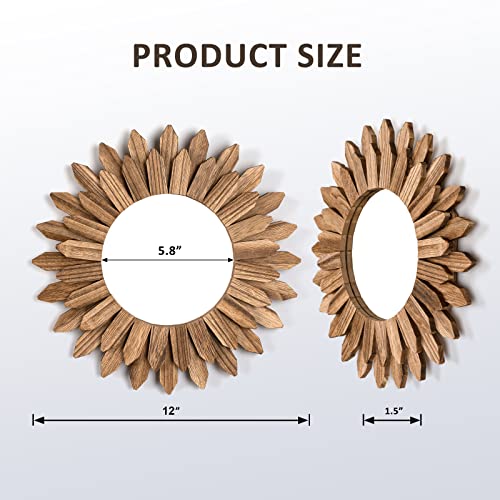 12-Inch Rustic Wood Sunburst Wall Mirror - Decorative Boho Wall Decor