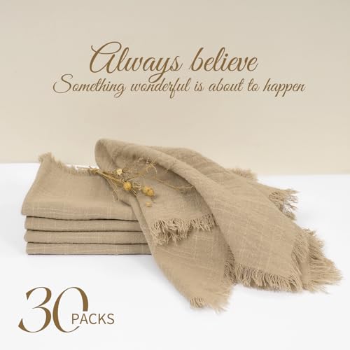 Caramel 16x16 Inch Cotton Linen Cloth Napkins Set of 30 with Fringe - Rustic Wedding & Party Table Decor