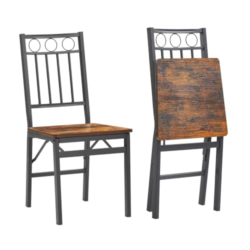 Set of 2 Industrial Folding Dining Chairs with Rustic Wood Seat