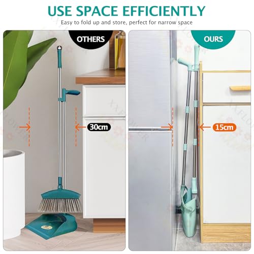 Long Handle Broom and Dustpan Set with Built-in Cleaning Teeth