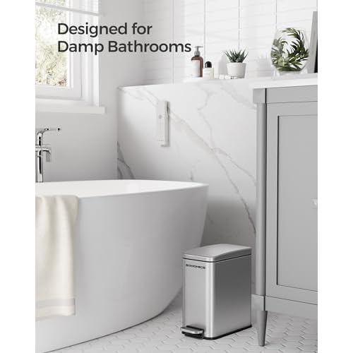 SONGMICS Bathroom Trash Can, 1.3 Gallon (5 L) Small Trash Bin with Lid, Slim for Small Spaces, Stainless Steel Garbage Can, Soft Close, Silver ULTB560E05