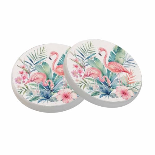 oFloral Pink Flamingo Coasters 4 Inch, Set of 2 – Tropical Palm Tree Drink Mats