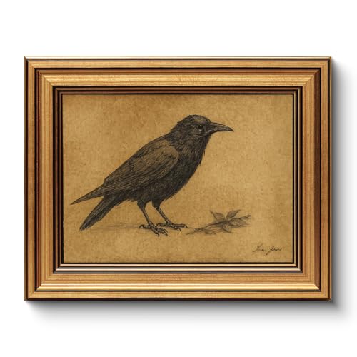 Vintage Crow Wall Art, 8x10 Gold Framed Gothic Animal Canvas Painting