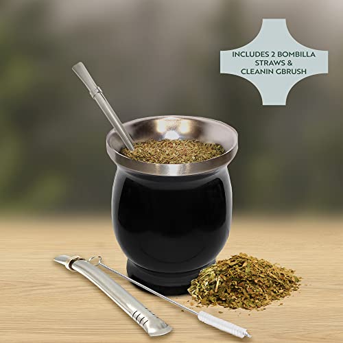 Norte Yerba Mate Cup Set Black - 8oz Traditional Tea Gourd with Stainless Steel Accessories