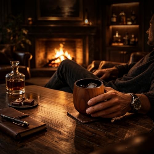 VAOUGE Charred Wooden Whiskey Glass Set - Handcrafted Oak Bourbon Tumblers, 2 Pack