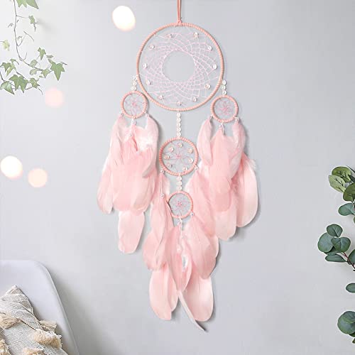 Pink Handmade Dream Catcher Wall Hanging Decor - 23-inch Feather Ornament