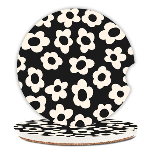 Adastrah White Flower Absorbent Ceramic Car Coasters 2-Pack, 2.56" Fit Cup Holders