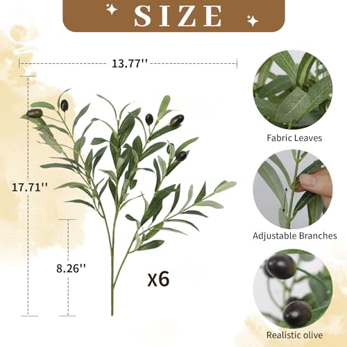 18-Inch Artificial Olive Branches for Vases, 6-Piece Faux Greenery Stems